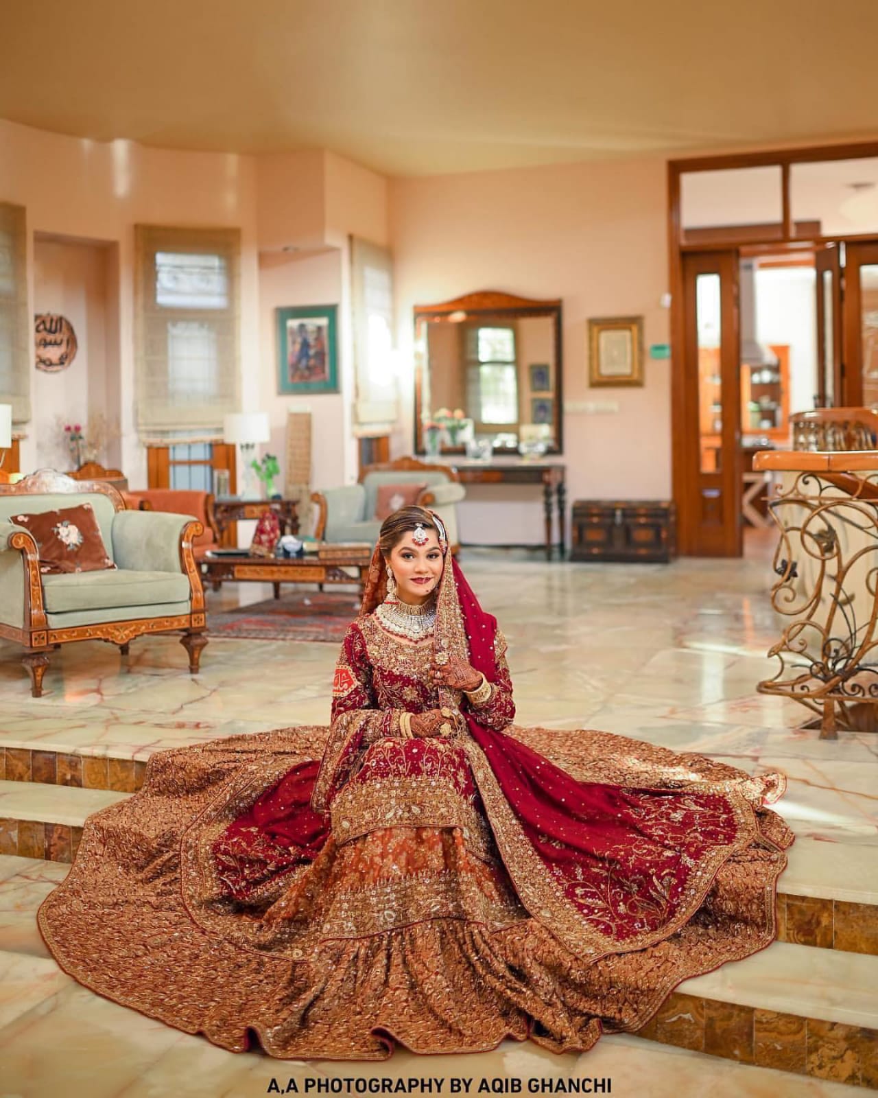 Mah-e-Tala – Regal Maroon & Rust-Orange Antique Gold Bridal Lehenga