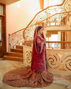 Mah-e-Tala – Regal Maroon & Rust-Orange Antique Gold Bridal Lehenga