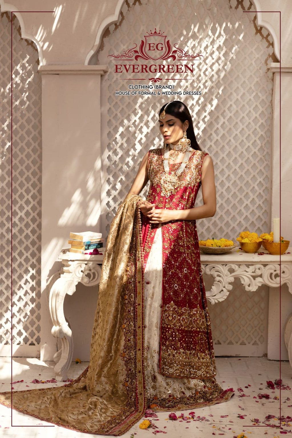 Mehrunissa – Crimson Silk Open Jacket & Ivory Lehenga Set