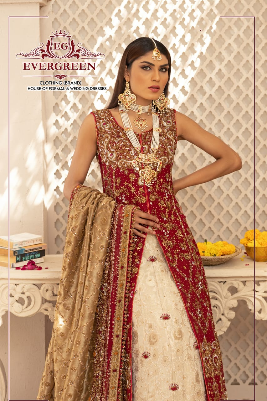 Mehrunissa – Crimson Silk Open Jacket & Ivory Lehenga Set