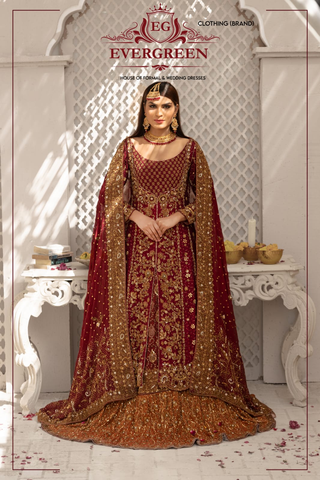 Royal Maroon Bridal Gown with Heavy Gold Embroidery & Luxury Dupatta
