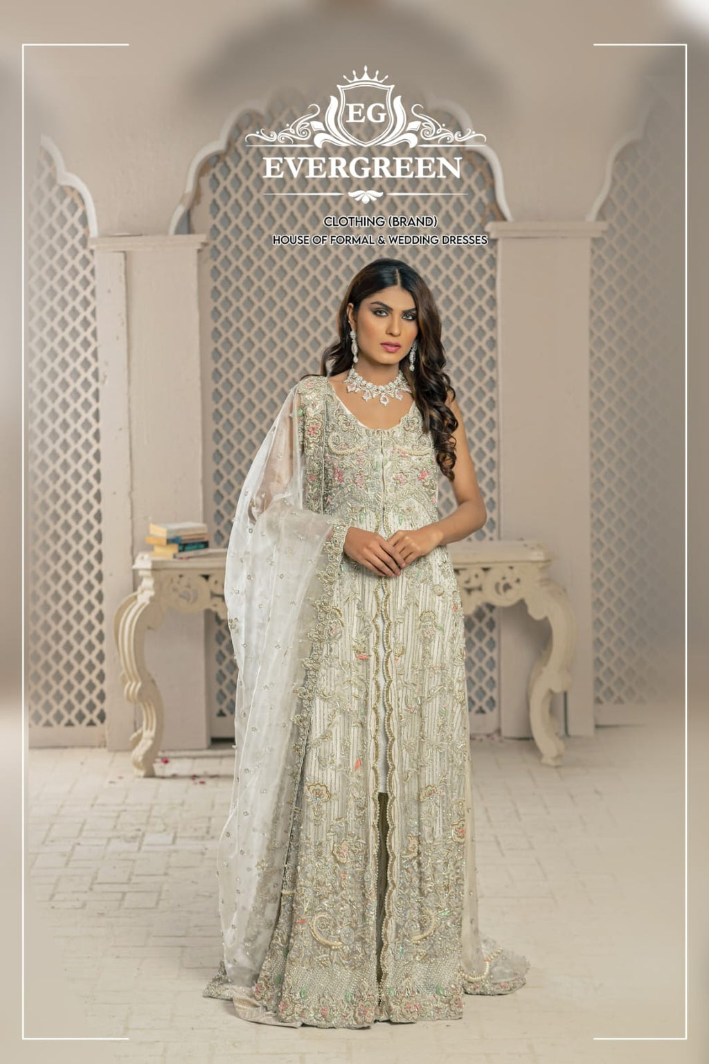 Evergreen Ivory Luxe Bridal Gown with Handcrafted Embellished Dupatta