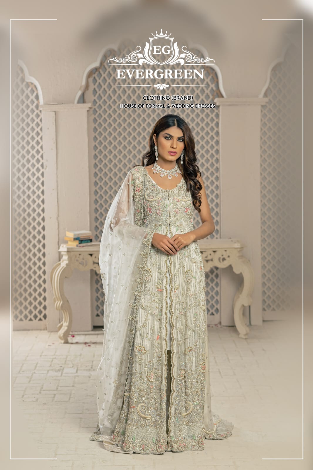 Evergreen Ivory Luxe Bridal Gown with Handcrafted Embellished Dupatta