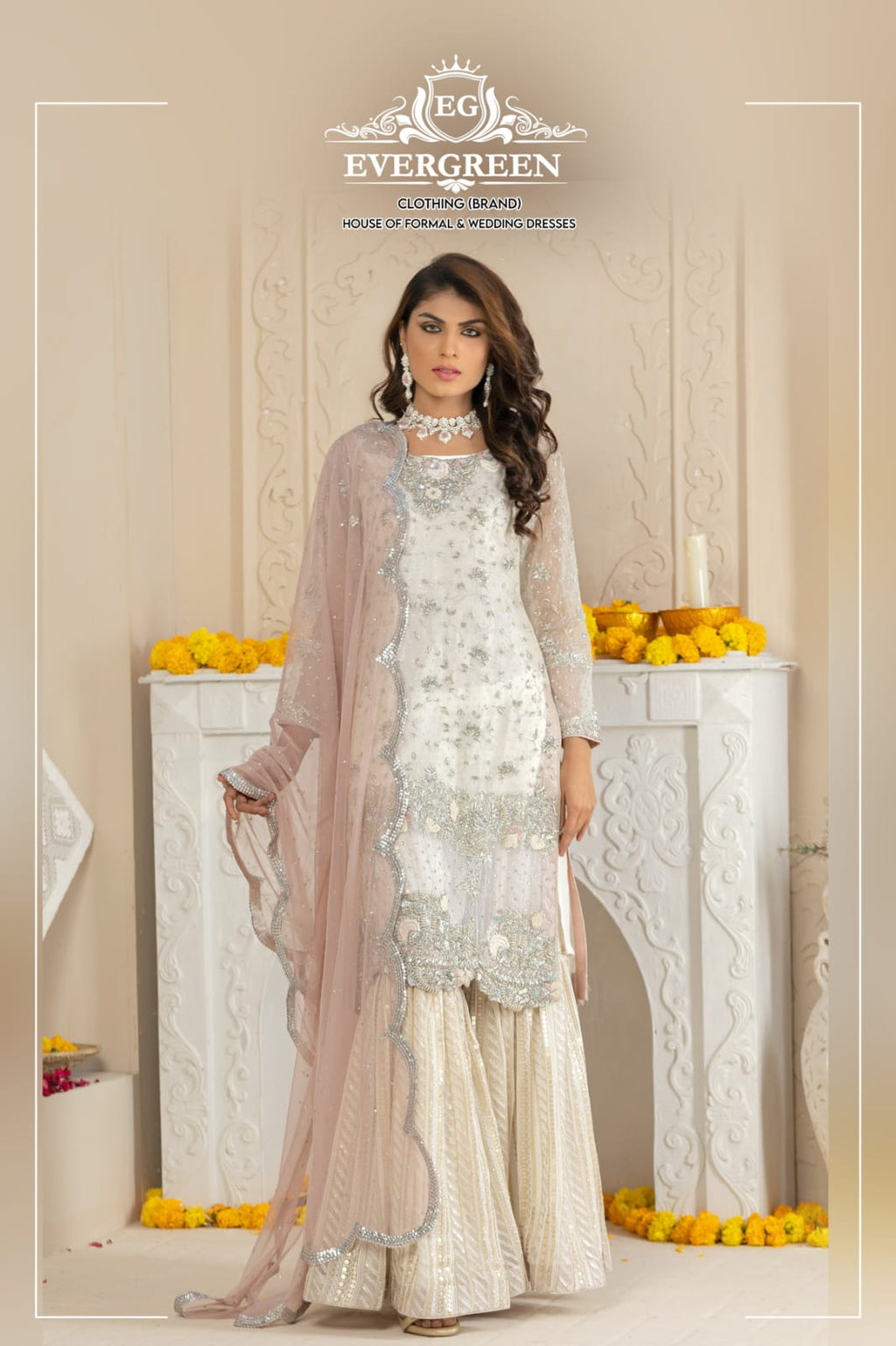 Enchanting Silver & Pink Embroidered Party Sharara Set