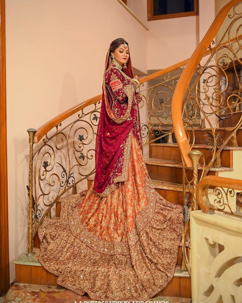 Mah-e-Tala – Regal Maroon & Rust-Orange Antique Gold Bridal Lehenga