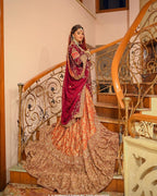 Mah-e-Tala – Regal Maroon & Rust-Orange Antique Gold Bridal Lehenga